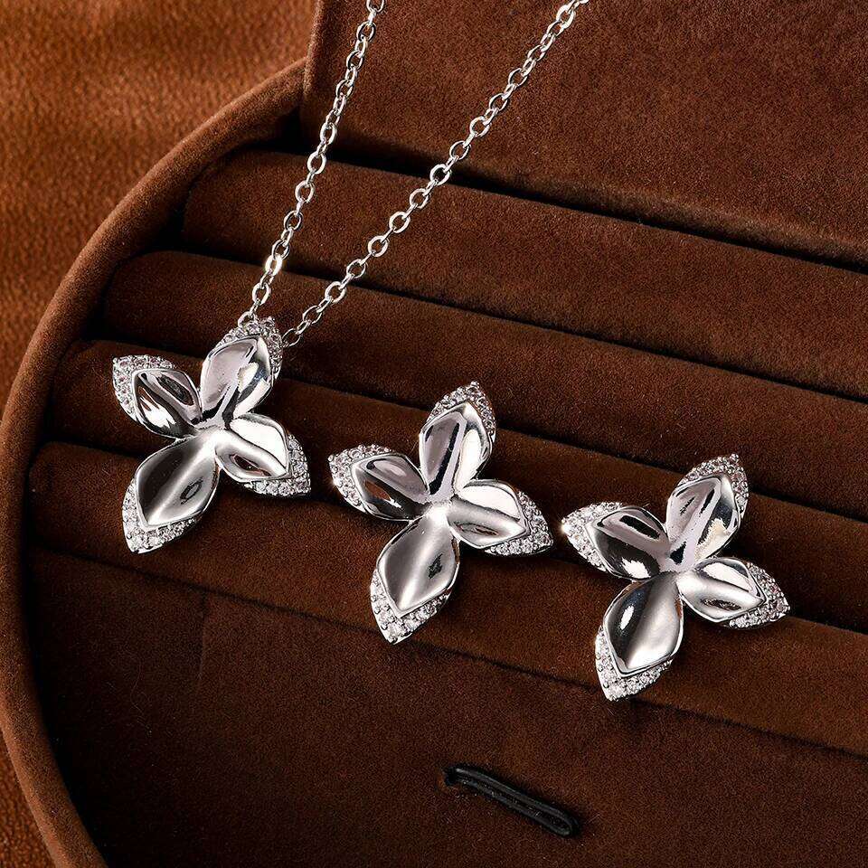 ZAKOL Luxury Copper Metal Micro-inlaid Zircon Four-leaf Flower Earring Women Wedding Party Earring/Necklace Jewelry Set