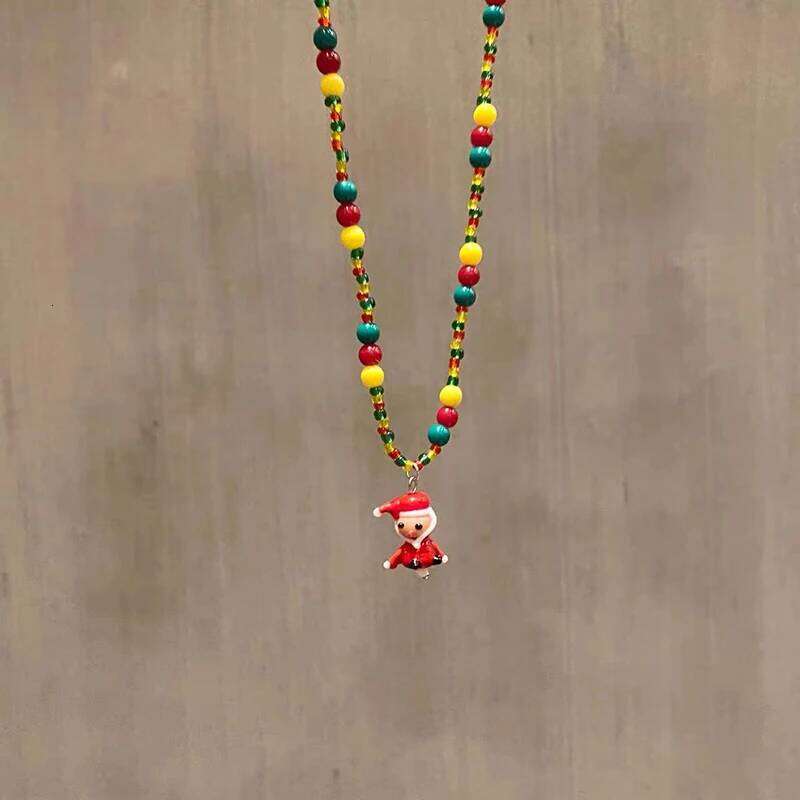 Christmas Design Colored Beaded Santa Claus Pendant Necklace 2024 New Jewelry Unusual Accessories for Womens and Girls