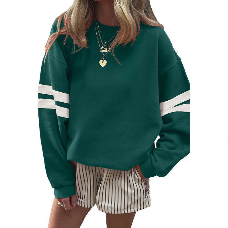Autumn Winter New Loose Lazy Style Drop Shoulder Round Neck Sweatshirt for Women European American Fashion Striped Color Block Long Sleeve T-Shirt