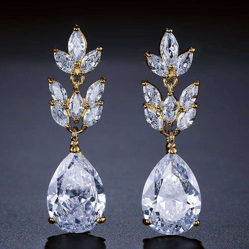 ZAKOL Classic Big Water Drop Leaf Zirconia Bridal Earrings for Women Elegant Shiny Crystal Zircon Wedding Patry Jewelry Gift