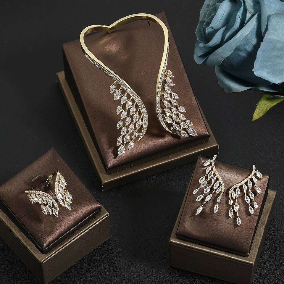 ZAKOL Luxury White Gold Color Wings Shape Cuff Bangle Ring Set for Women AAA Cubic Zirconia Bridal Women's Party Wedding Jewelry