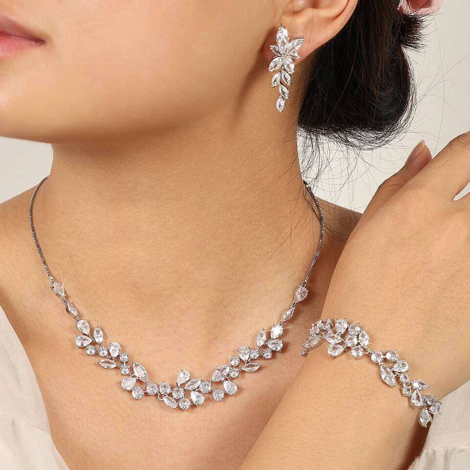 ZAKOL Luxury White AAA Zircon Earrings Bracelet Necklace Jewelry Gorgeous Tassel Charm 4pcs Set for Wedding Party