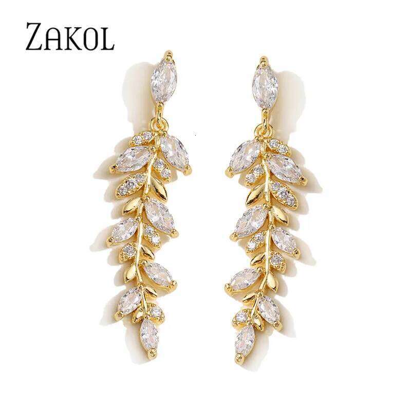 ZAKOL Charm Gold Color Leaf Earrings for Women Exquisite Tiny Zirconia Dangle Earring Elegant Korean Crystal Wedding Jewelry
