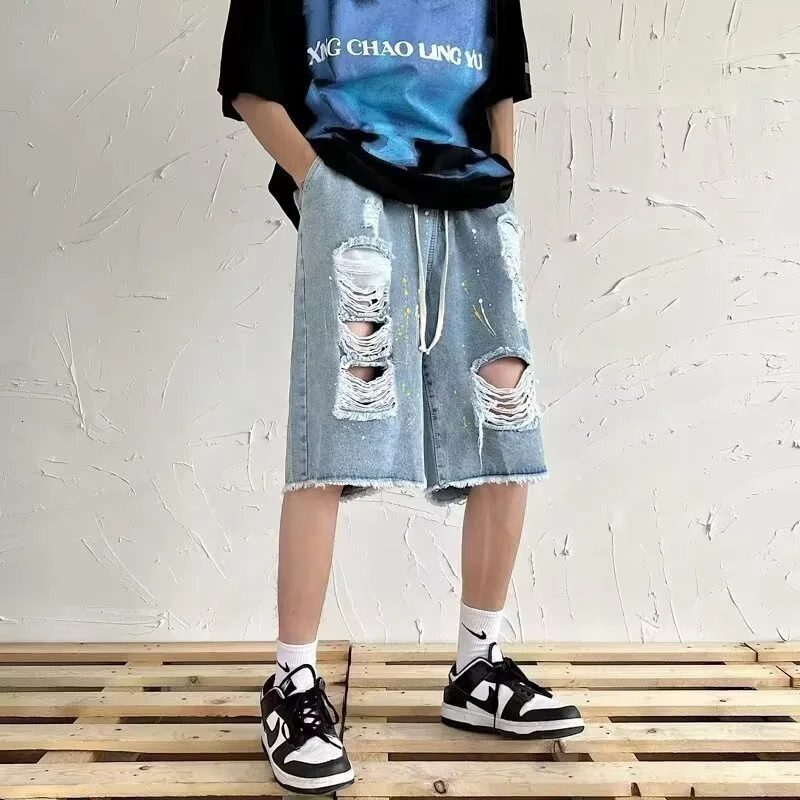 Summer Mens Hip Hop Fashion Ripped Jorts 2025 Y2K Vintage Streetwear Denim Shorts Casual Drawstring Baggy Short Jeans 251223