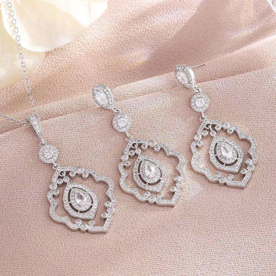 ZAKOL Classic Luxury Hollow geometric Shiny Zircon Pendant Earrings With Gift Box Sliver Color Bride Wedding Party Jewelry Set