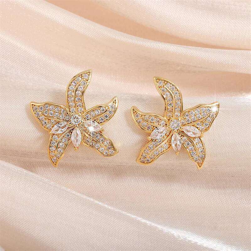 ZAKOL Sliver Color Shiny Tiny Zircon Starfish Lily Flower Shape Stud Earrings Luxury Bridal Wedding Jewelry for Women