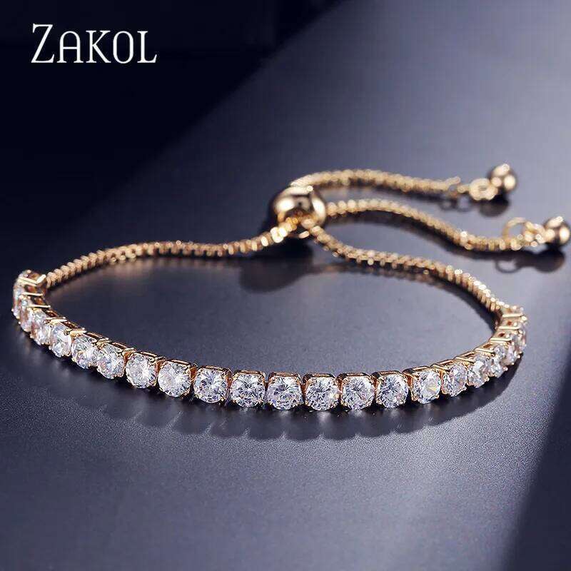 ZAKOL Fashion Cubic Zirconia Tennis Bracelets Bangle for Women White Round Crystal Adjustable Bracelet Wedding Jewelry