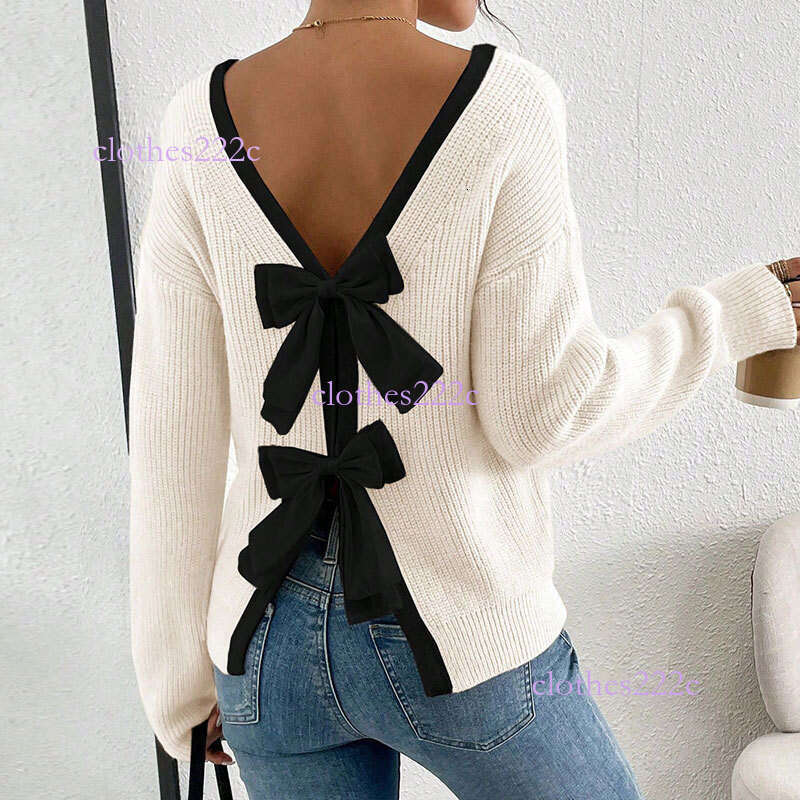 European And American Autumn Winter New For Women Fashion Back Bow Decoration Round Neck Pullover Knitted Sweater Luanyun