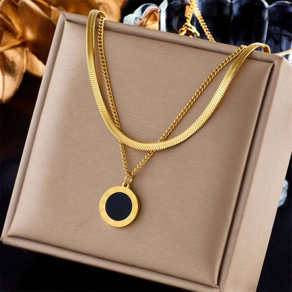 ZAKOL Fashion Roman Numeral Titanium Steel Necklace For Women Round Black Shell Pendant Choker Accessories Gift