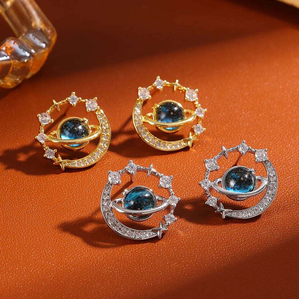 ZAKOL New Universe Planet Shiny Zircon Stud Earrings for Women Korean Fashion Aesthetic Jewelry Ear Accessories