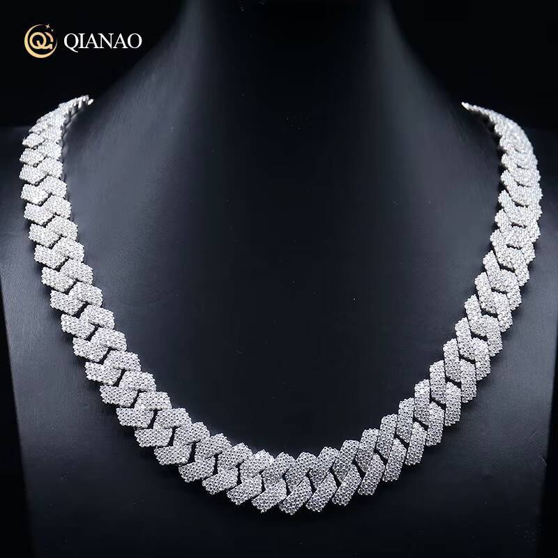 QIANAO Hip Hop Jewelry 15mm Solid 925 Sterling Silver VVS1 Moissanite Diamond Heavy Iced Out Cuban Link Chain Necklace