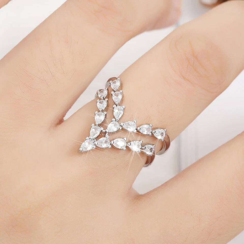 ZAKOL 2 Pcs Fashion AAA Zircon Feather Open Sharp for Women Aesthetic Clear Crystal Engagement Proposal Ring Jewelry Gift