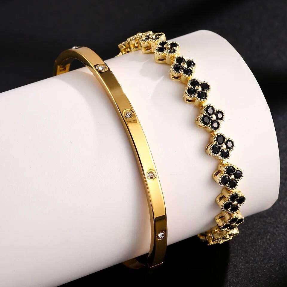 ZAKOL Colorful Zircon Inlaid Four Leaf Flower Bracelet Bangle For Women Exquisite Stainless Steel Plum Blossom Jewelry Gift