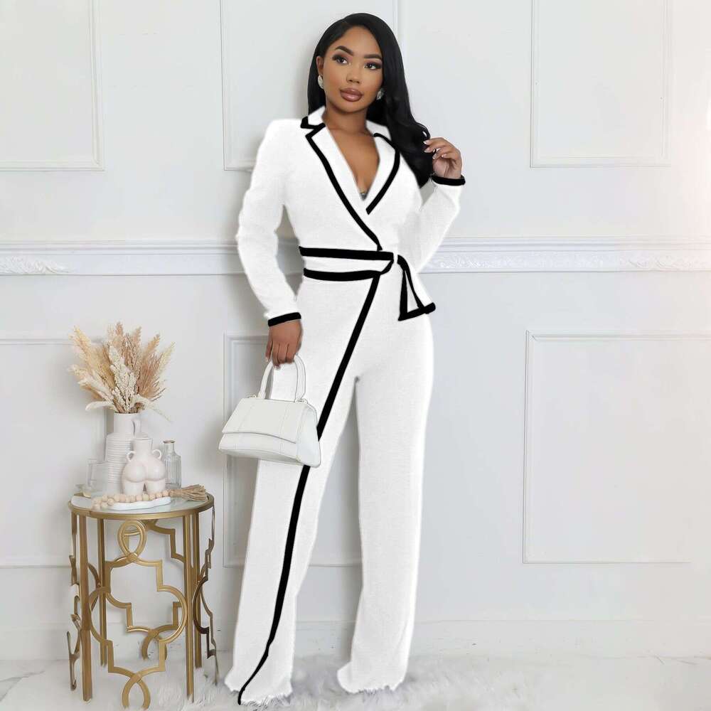 European American Cross-Border Amazon Fashion Women's Autumn and Winter Belt Design Two-Tone Patchwork Long Sleeve Jumpsuit