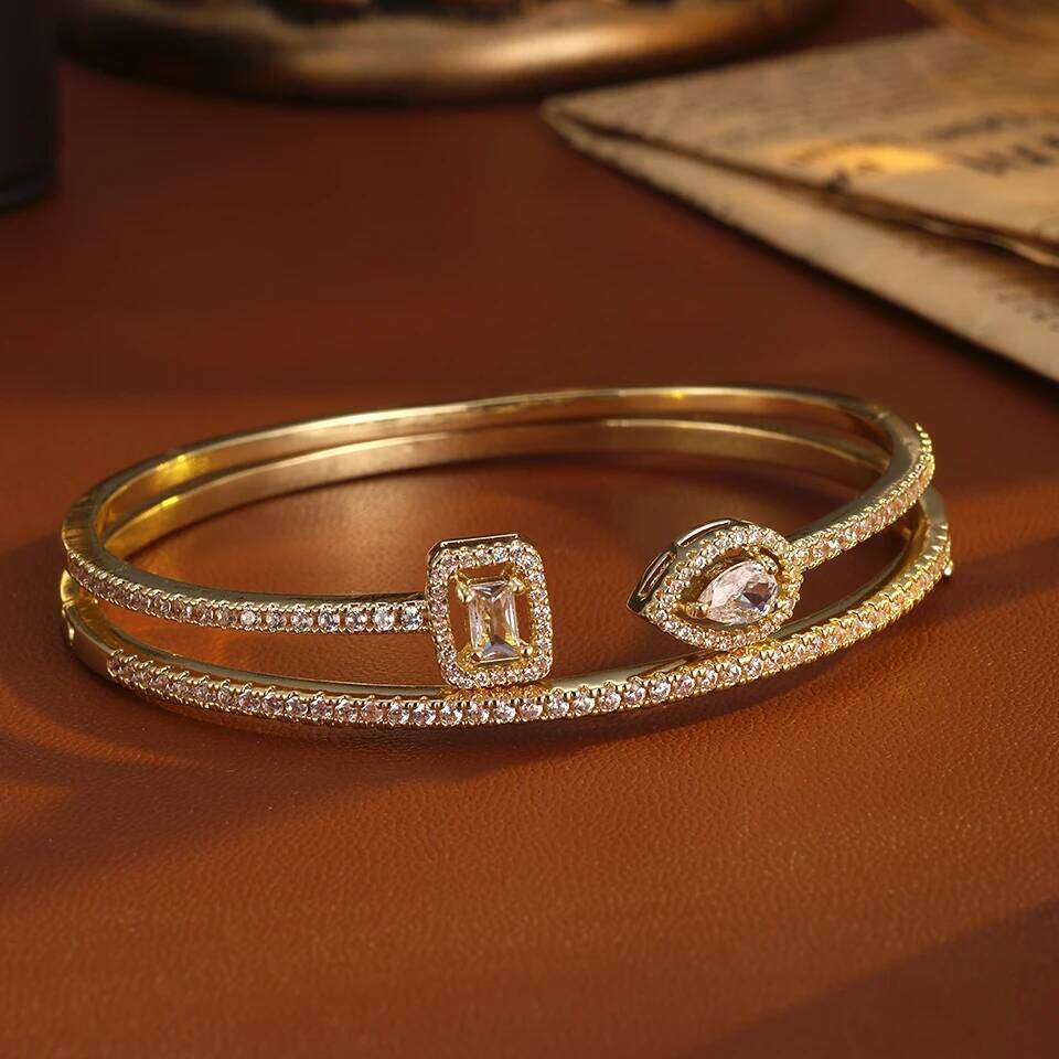 ZAKOL Classic Geometric AAA Cubic Zirconia Open Bracelet for Women Shiny Crystal Engagement Wedding Party 2 Pcs Bangle Set