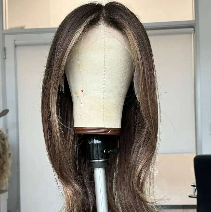 Light Brown Straight Front Glueless Long Synthetic Hair Lace Wigs for Women Root Dark Blonde Wig