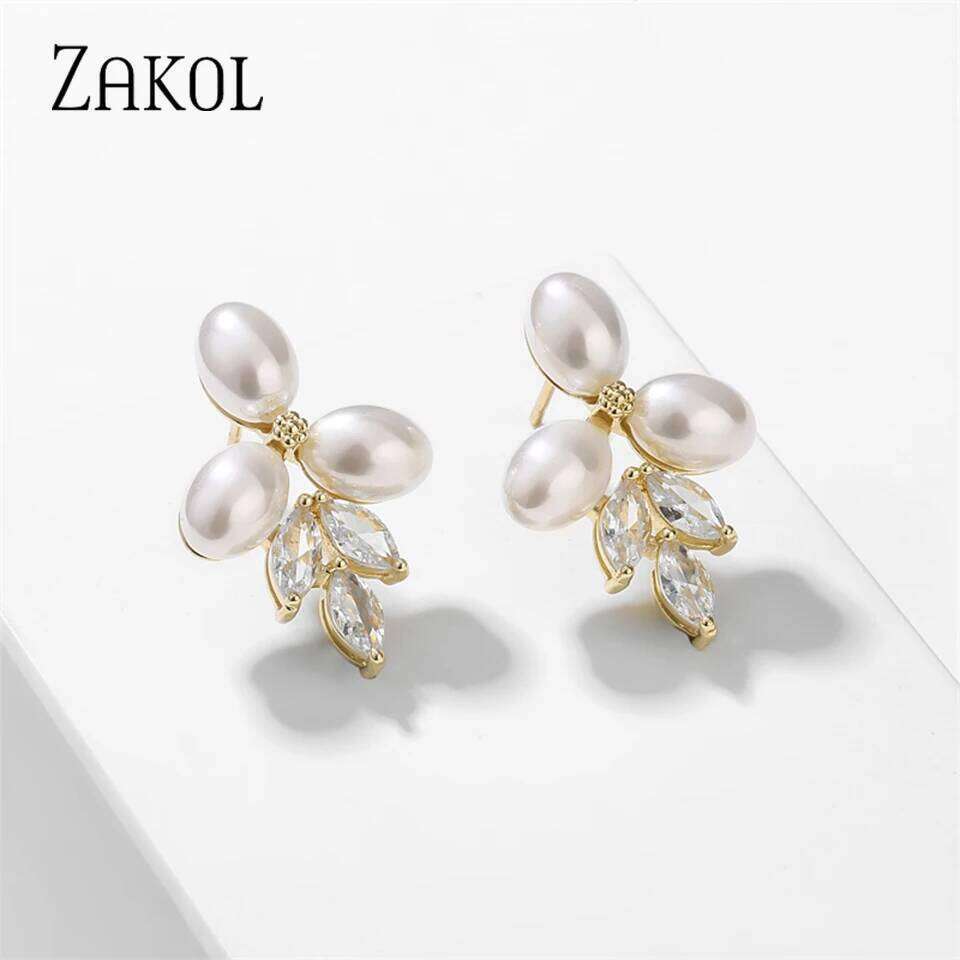 ZAKOL Marquise Oval Imitation Pearl Leaf Stud Earrings for Women Shiny Gorgeous Bridal Wedding Jewelry