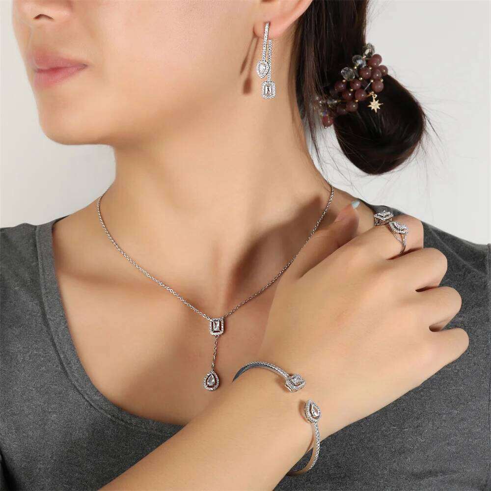 ZAKOL 4 Pcs Wedding Jewelry Set Classic Geometric Water Drop Square Shiny Zirconia Earring Necklace Bangle Bridal Accessories