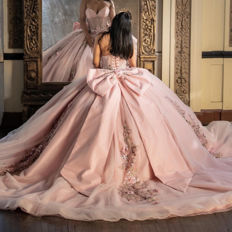 Pink Shiny Quinceanera Dresses Ball Gown Off The Shoulder Applique Flower Beading Crystal Corset Party Birthday Sweet 16 Dres Vestidos 15 Anos