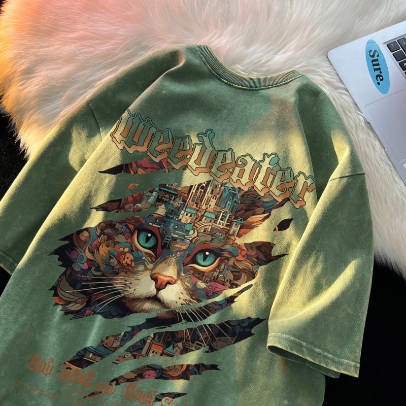 2026 Summer New American Style Washed Short Sleeve T-shirt for Men. Trendy Brand, Cat Print, Loose Fit, Couples' Style.