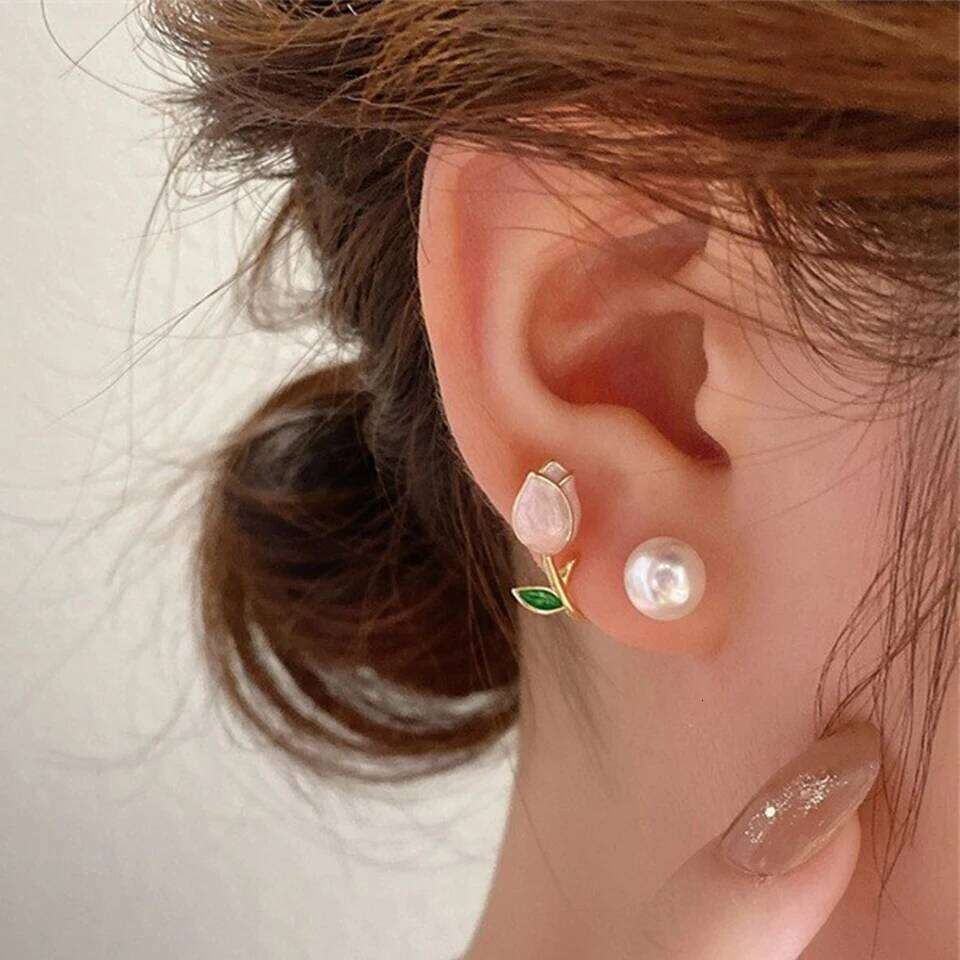 ZAKOL Fresh Rose Stud with Imitation Pearl Sweet Pink Tulip Earrings Exquisite New Accessories for Women Trendy Jewelry