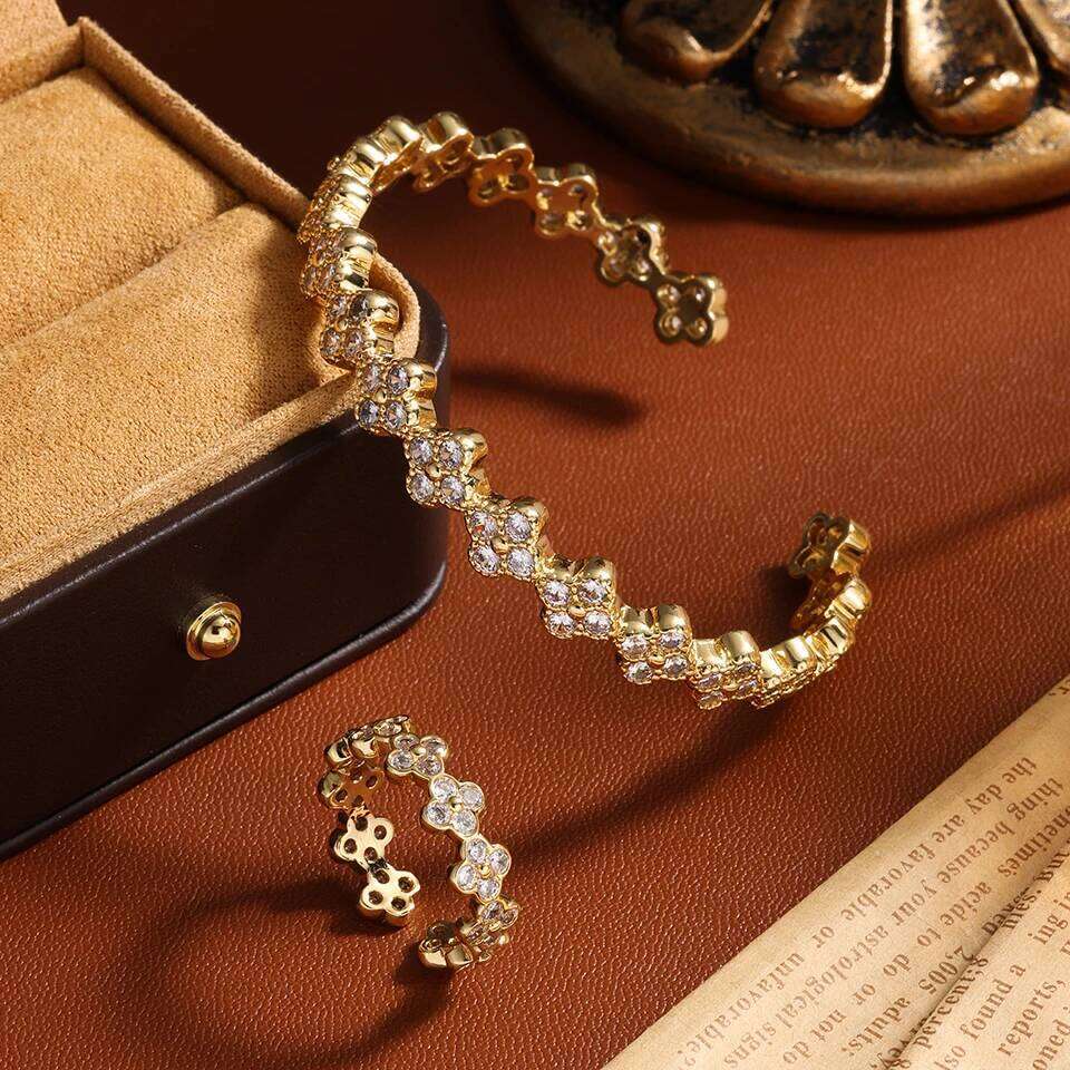 ZAKOL Luxury Four-leaf Flower Zircon Bracelet Ring Set for Women Gorgeous Shiny Colorful CZ Wedding Party Jewelry