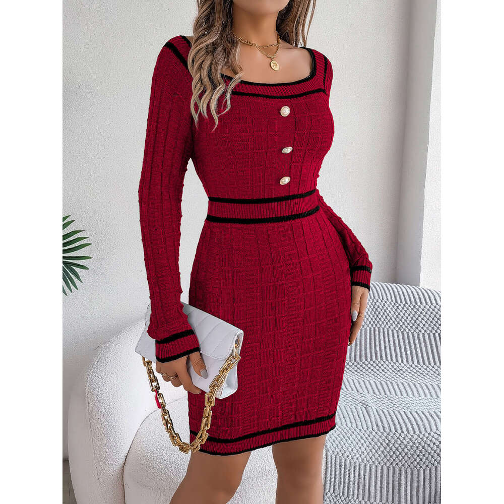 Autumn Winter European American Elegant Square Neck Button Long Sleeve Sweater Bodycon Dress Independent Cross-Border Women's Fashion
