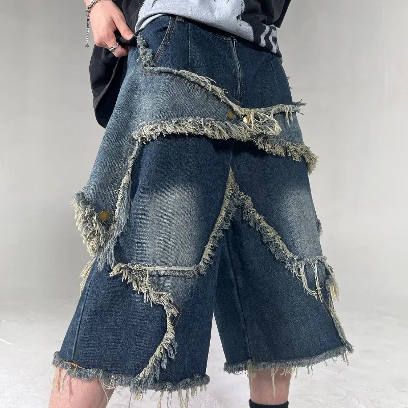 2025 Mens Denim Shorts Harajuku Retro Tassel Patchwork Mens Shorts High Street Loose Hip-hop Trend Streetwear Mens Wear 251223