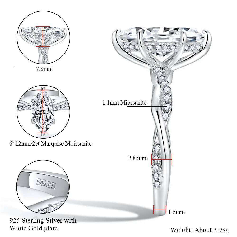 2ct D Color Moissanite Ring For Women 925 Sterling Silver with White Gold Plated Lab Diamond Engagement Wedding Band Jewelry 9a7