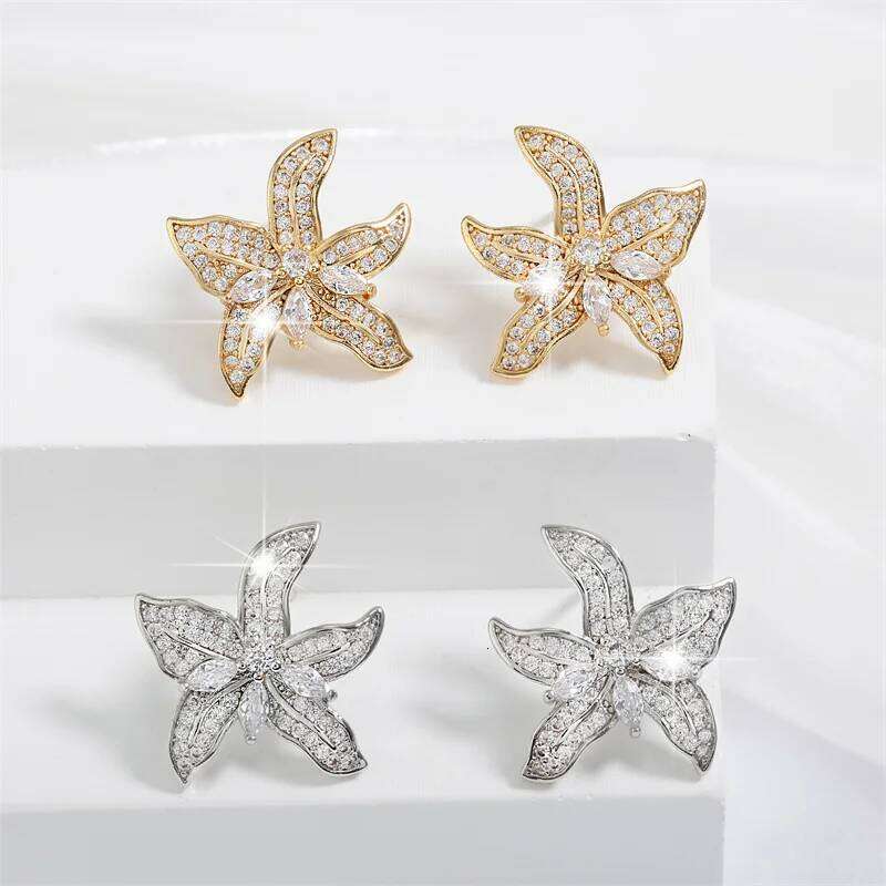 ZAKOL Sliver Color Shiny Tiny Zircon Starfish Lily Flower Shape Stud Earrings Luxury Bridal Wedding Jewelry for Women