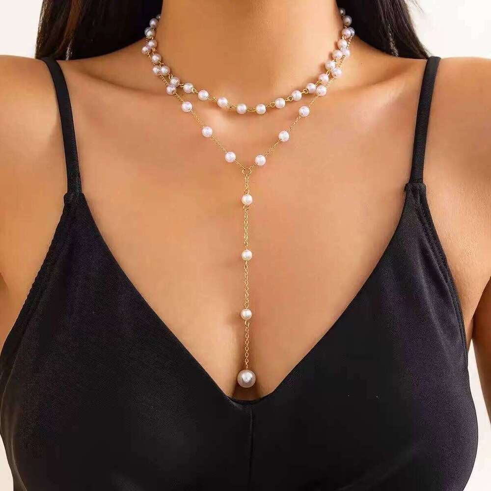European and American Double-layer Imitation Pearl Pendant Necklace Sexy Round Beads Collarbone Chain For Womens Jewelry