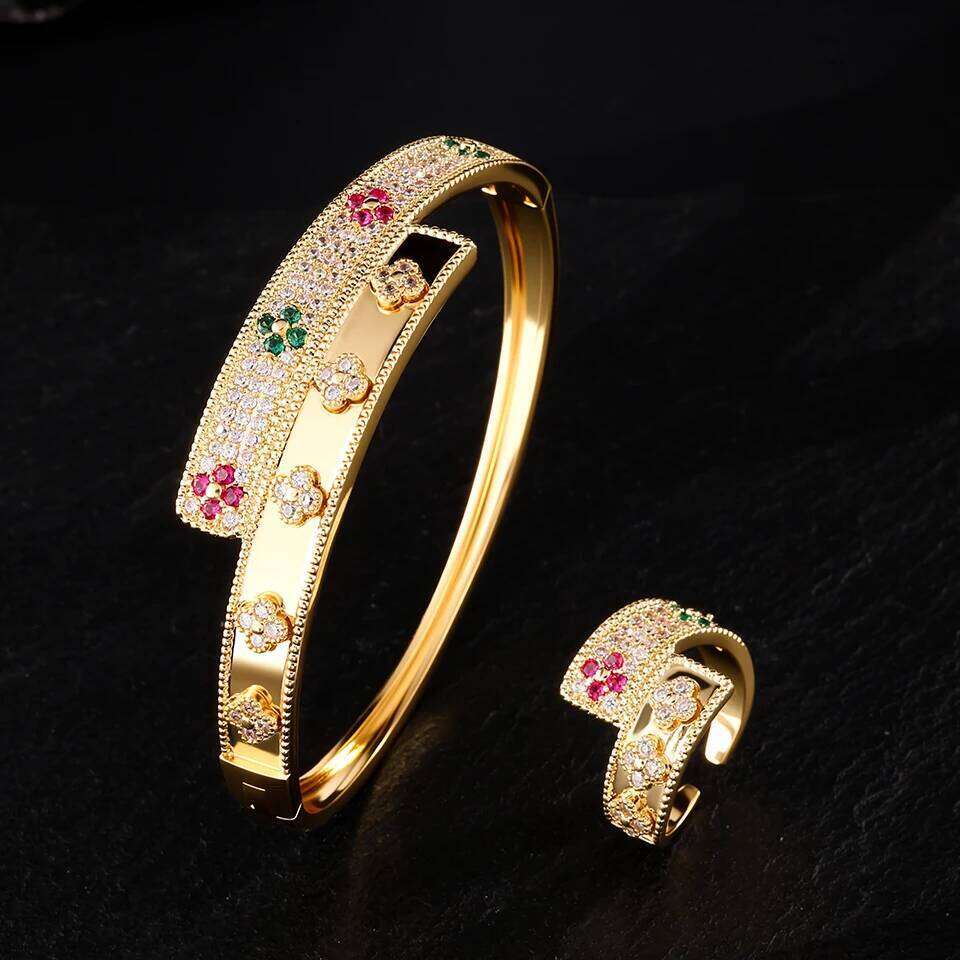 ZAKOL Gorgeous Full Shiny Zircon Hug Bracelet Ring Set for Women Colorful CZ Four-leaf Flower Wedding Party Jewelry