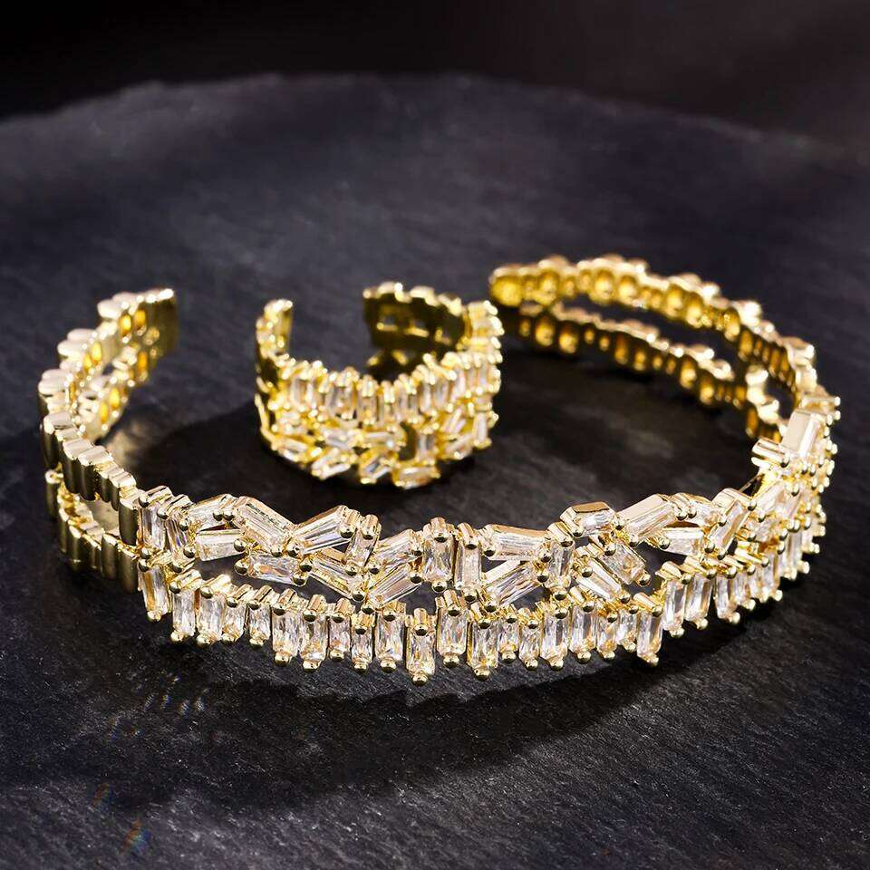 ZAKOL Luxury AAA Geometric Cubic Zirconia Open Bracelet Ring for Women Elegant Shiny CZ Wedding Party Jewelry Set