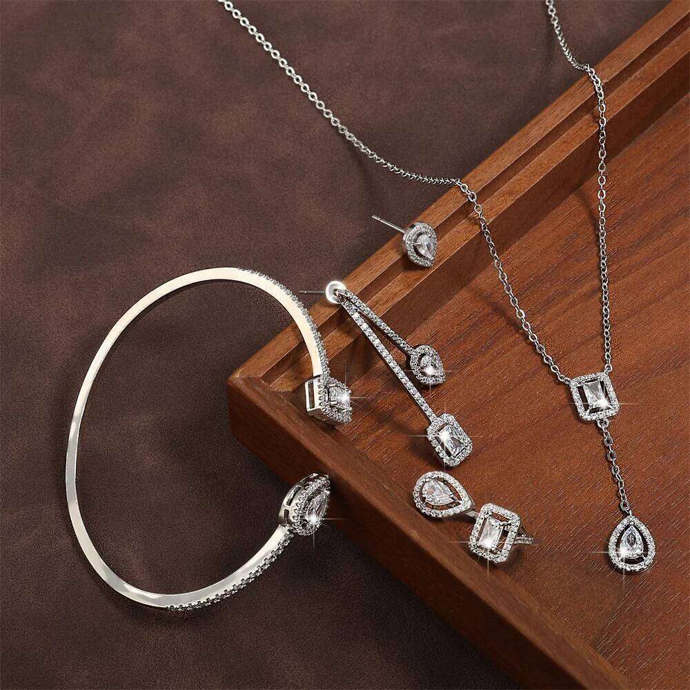 ZAKOL 4 Pcs Wedding Jewelry Set Classic Geometric Water Drop Square Shiny Zirconia Earring Necklace Bangle Bridal Accessories