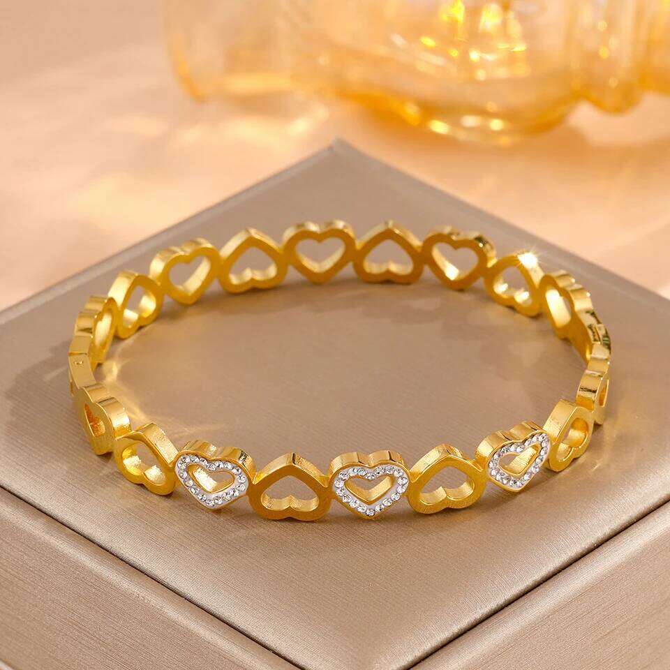 ZAKOL Vintage Hollow Heart Inlaid Rhinestone Zircon Stainless Steel Wide Bangles Bracelets Waterproof Jewelry Gift for Couples