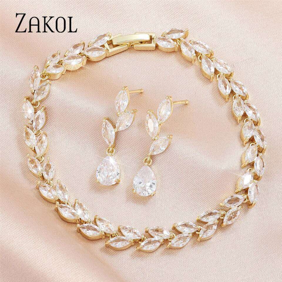 ZAKOL Brand Leaf Marquise Zircon Charm Bracelet Water Drop CZ Earrings Luxury Wedding Jewelry Set Gift For Women