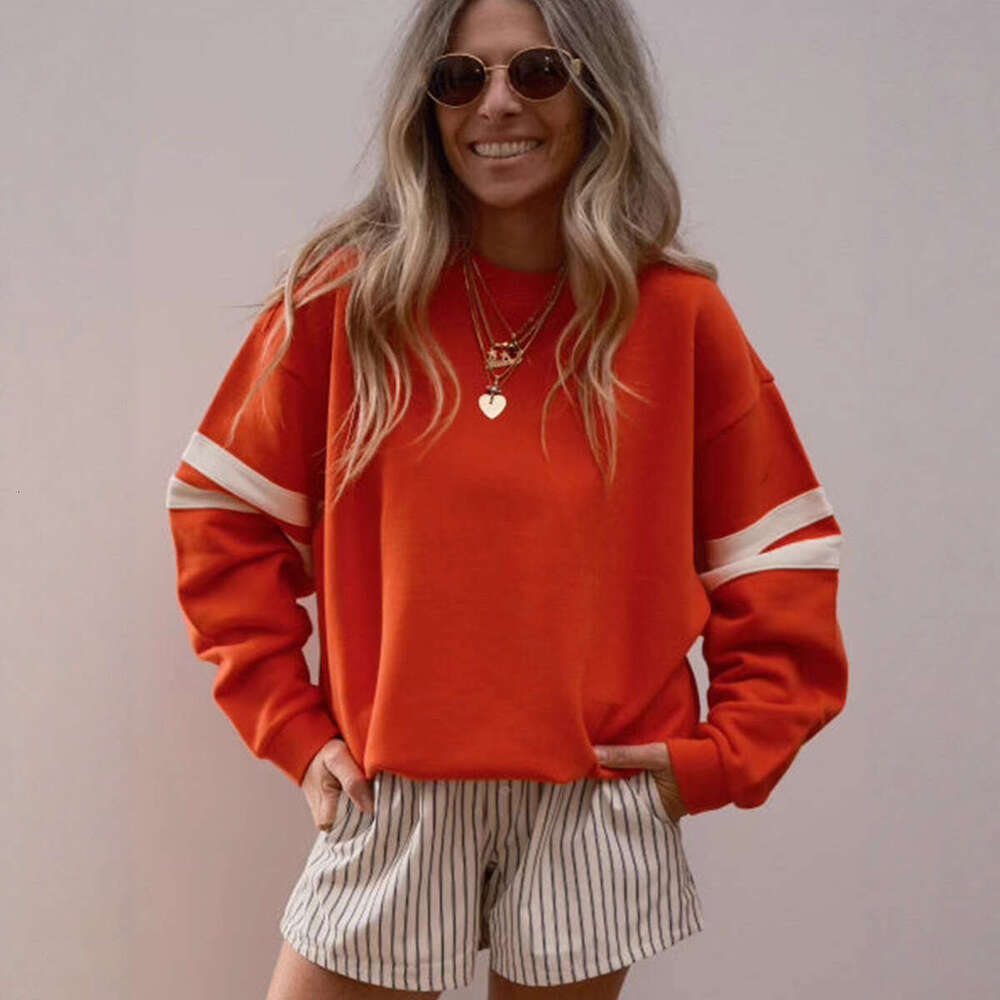 Autumn Winter New Loose Lazy Style Drop Shoulder Round Neck Sweatshirt for Women European American Fashion Striped Color Block Long Sleeve T-Shirt