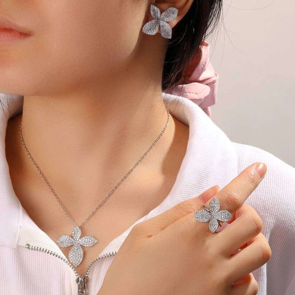 ZAKOL 2 Pcs Luxury Micro Paved AAA Zircon Four-leaf Flower Earring Necklace Set for Women Shiny Crystal CZ Wedding Jewelry