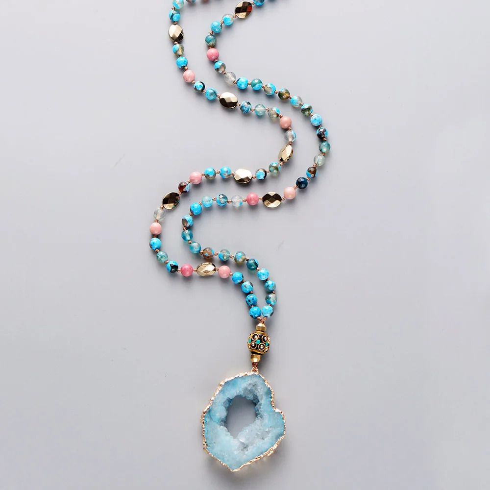 Boho Natural Stones Onyx Gold Plated Druzy Nepal Pendant Necklaces Handmade Gilded Drusy Women Lariat Collar Jewelry Dropship 251223