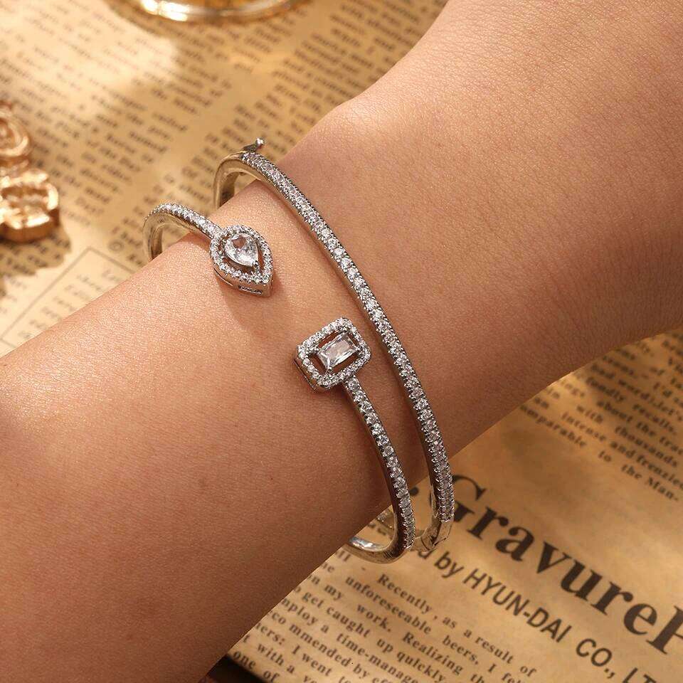 ZAKOL Classic Geometric AAA Cubic Zirconia Open Bracelet for Women Shiny Crystal Engagement Wedding Party 2 Pcs Bangle Set