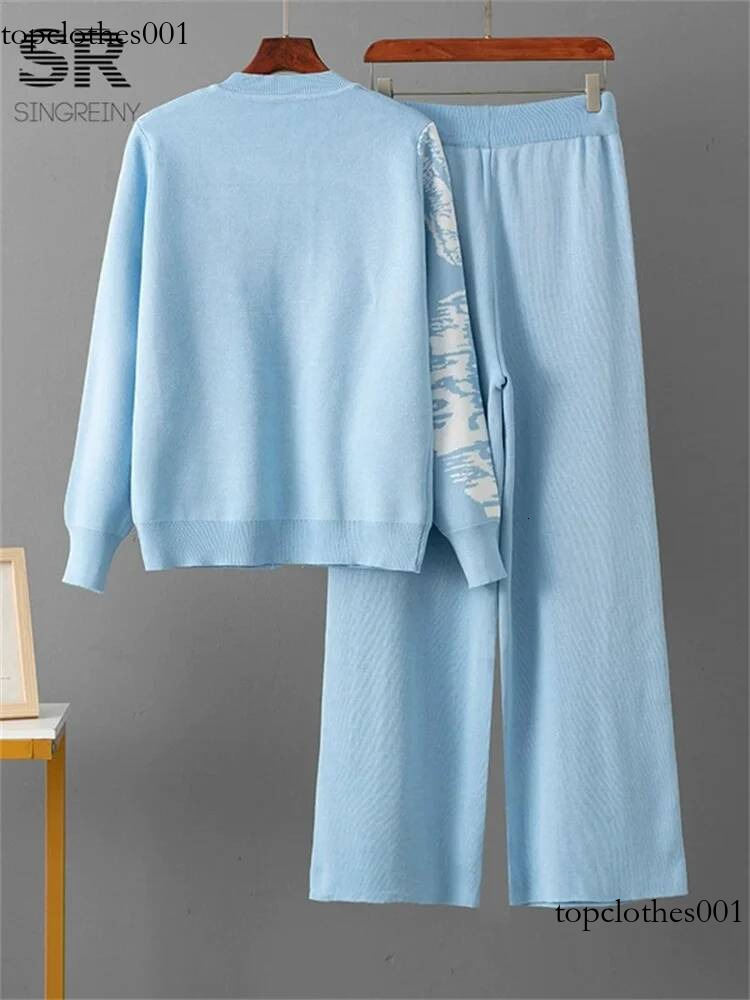 SINGREINY Jacquard Winter Knitted Suits Women Single Breasted Cadigan+Wide Leg Long Pants Autumn Casual Sports Loose 2pcs Set