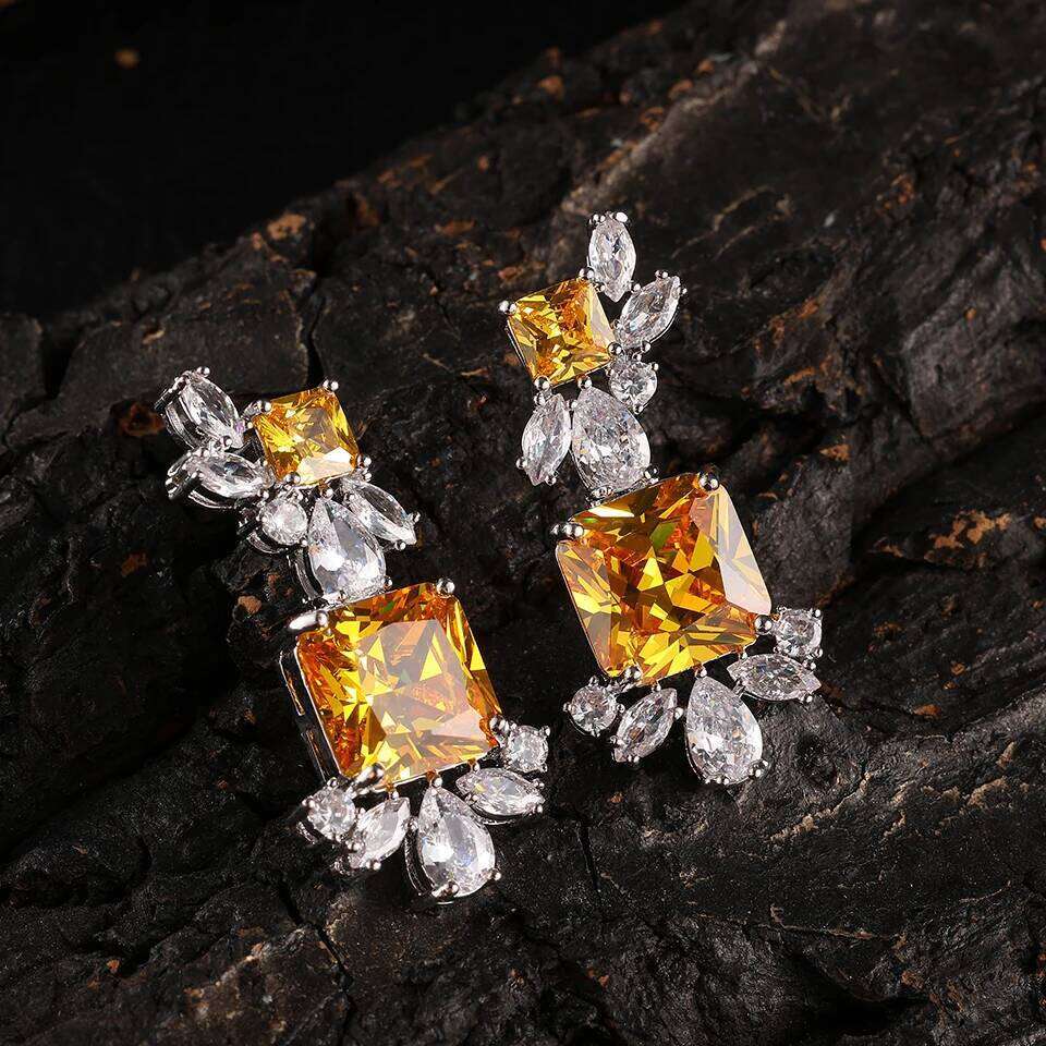 ZAKOL Luxury Shiny Bling AAA Yellow Zircon Dangle Earrings Elegant Square Cubic Zirconia Big CZ Wedding Party Jewelry