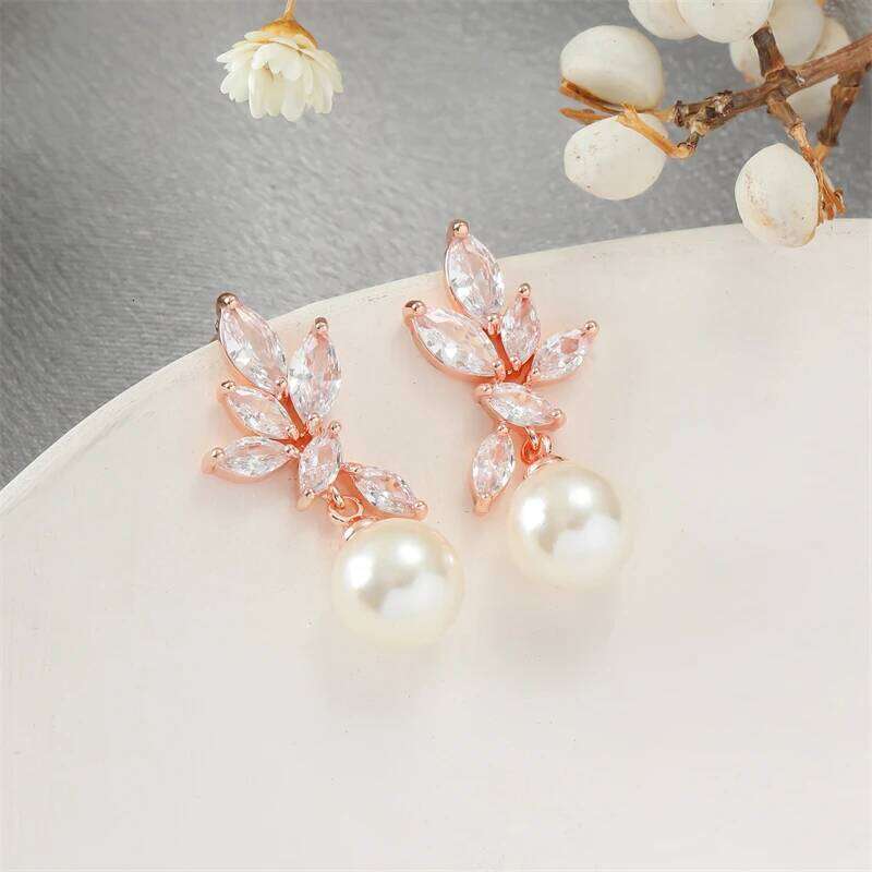 ZAKOL Classic Zircon Pearl Bridal Earrings for Women Shiny Leaf AAA CZ Crystal Gorgeous Wedding Party Jewelry