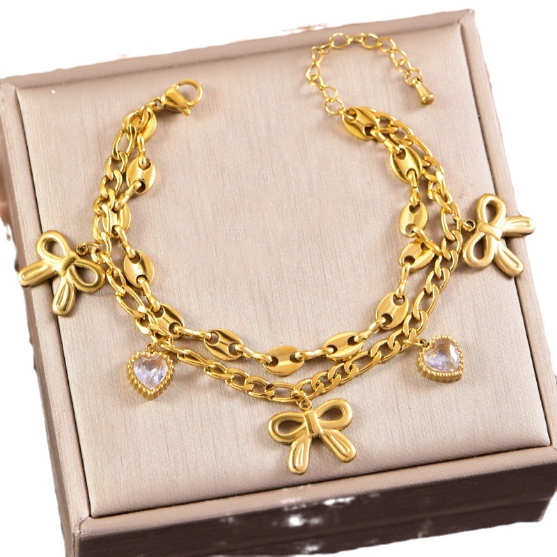 Luxury Brand Designer Jewelry Neutral Style Titanium Steel Bracelet With Bowknot, Star And Moon, Heart, Inlaid With Diamonds, Double Layer Stacked Pig