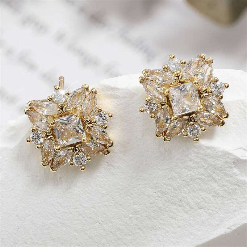 ZAKOL Luxury Flower Square Zirconia Stud Earrings For Women Girls Gold Color Metal Crystal Ears Jewelry Wedding Festival