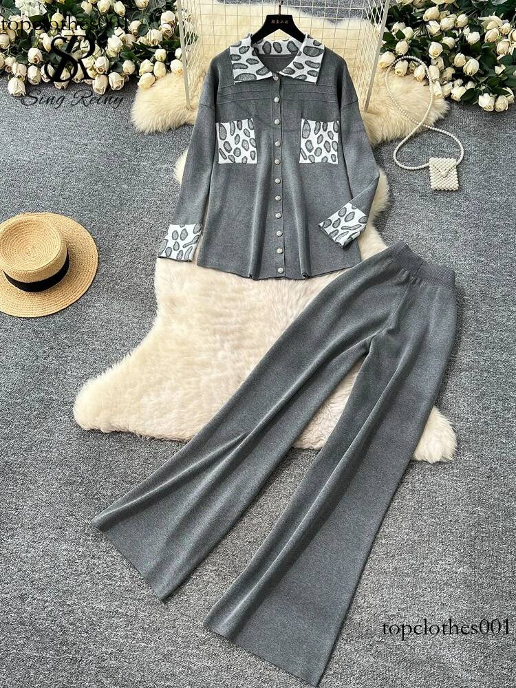 SINGREINY Winter Leopard Casual Suits Fashion Women Loose Knit Shirt+Elastic Wide Legs Long Pants Print Sweater Two Pieces Sets