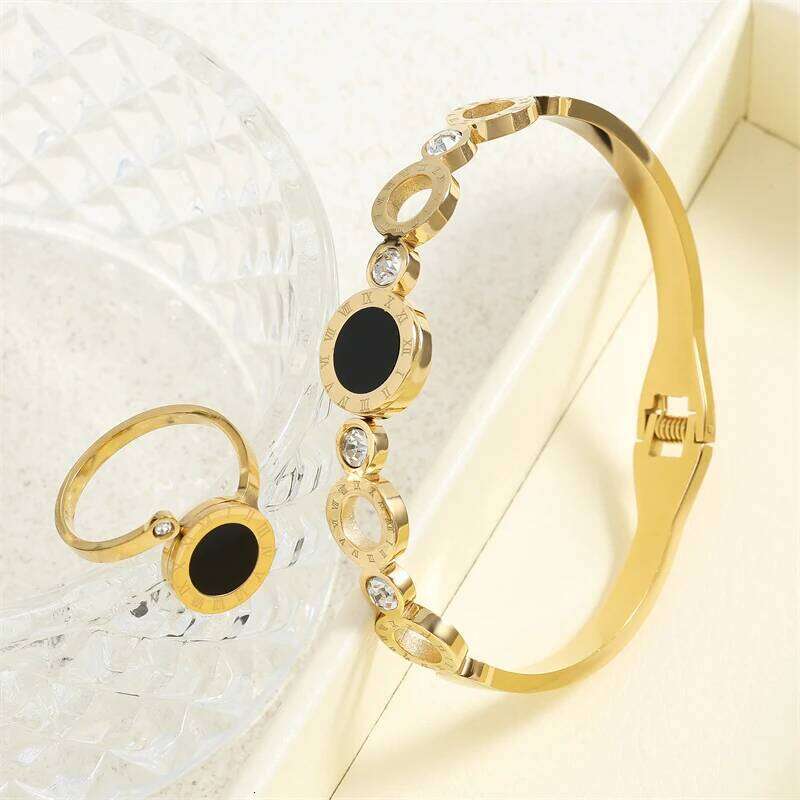 ZAKOL 2 Pcs Fashion Rings For Women Black Acrylic Roman Numeral Stainless Steel Couple Bracelet Jewelry Set Gift