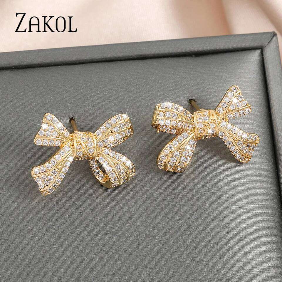 ZAKOL New Brilliant Micropaved Zirconia Bowknot Earrings Delicate Sliver Color Ear Accessories Gift for Women