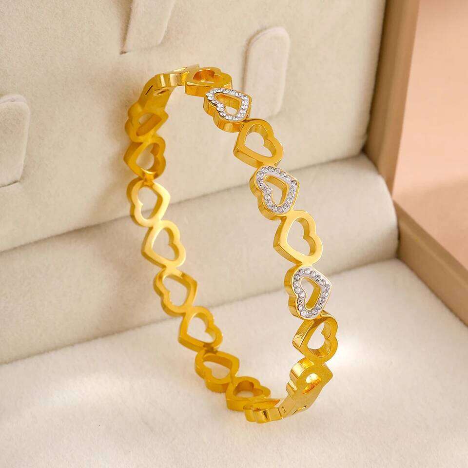 ZAKOL Vintage Hollow Heart Inlaid Rhinestone Zircon Stainless Steel Wide Bangles Bracelets Waterproof Jewelry Gift for Couples