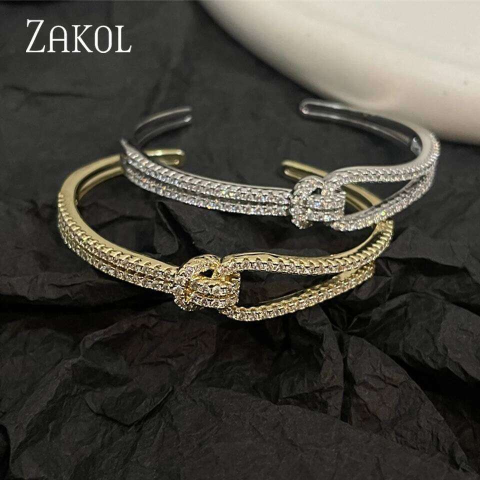 ZAKOL Exquisite AAA Full Zircon Knot Bangles for Women Fashion Adjustable Open Bracelet Gift